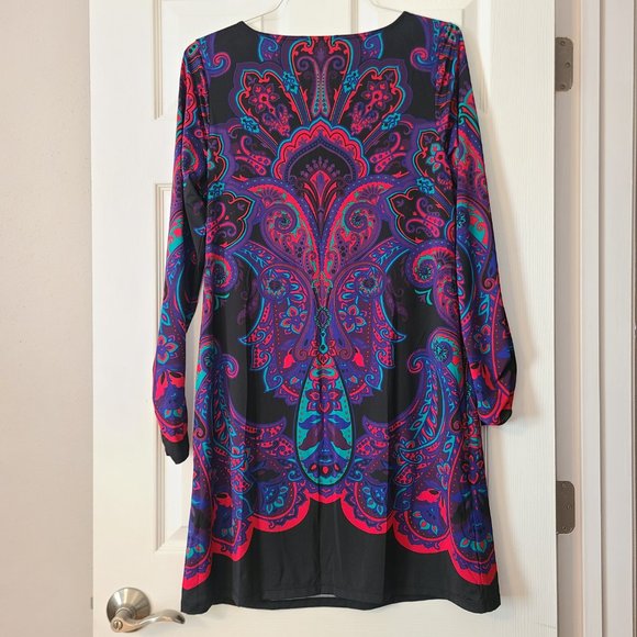 Long Sleeve Paisley Dress w/Ruched Sleeve ~ red, blue, green, black ~ Size Large - Picture 7 of 7